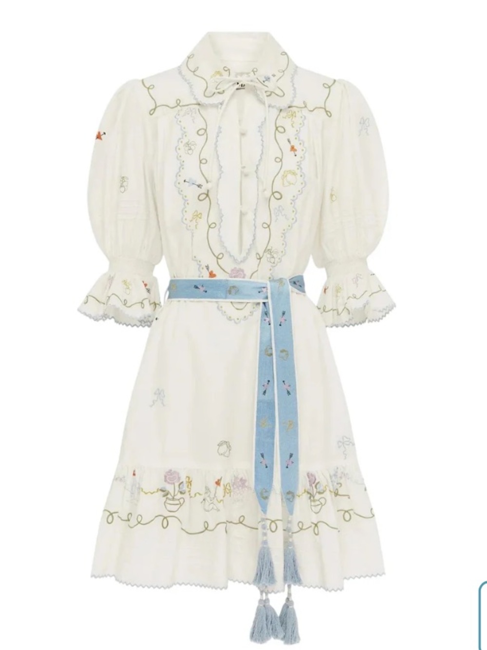 Alemais Giulia Embroidered White Cotton Mini Dress with Blue Sash